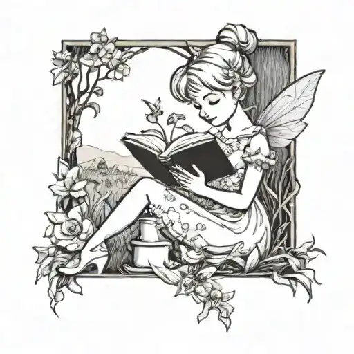 A Whimsical Scene Of Tinkerbell Reading A Book In A Field Of Flowers