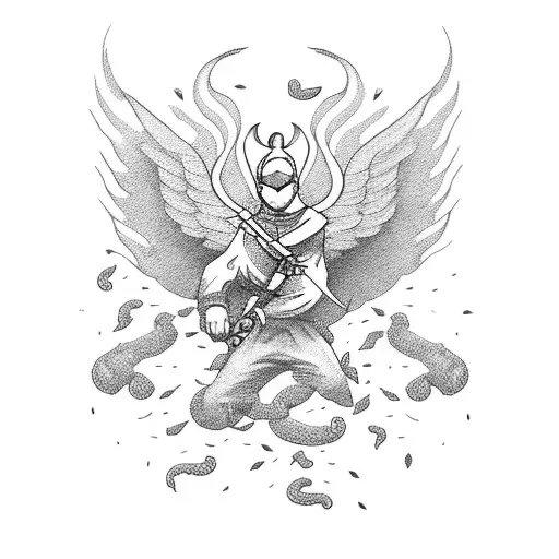 A Fierce Ninja Warrior Surrounded By A Swarm Of Graceful Angels