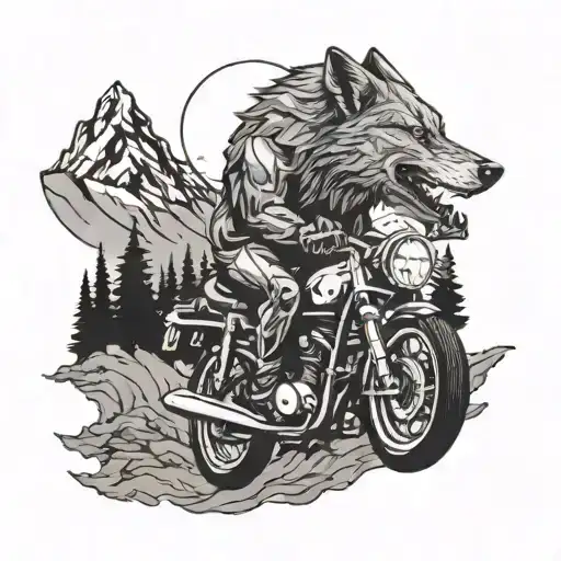 A Wolf Riding A Motorcycle Through A Scenic Mountain Landscape