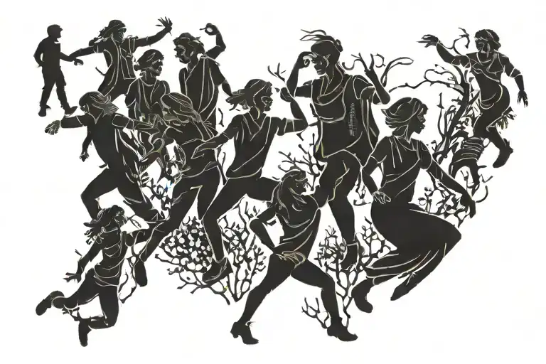 Silhouettes Of A Large Group Of Young People Dancing In The Forest At Night