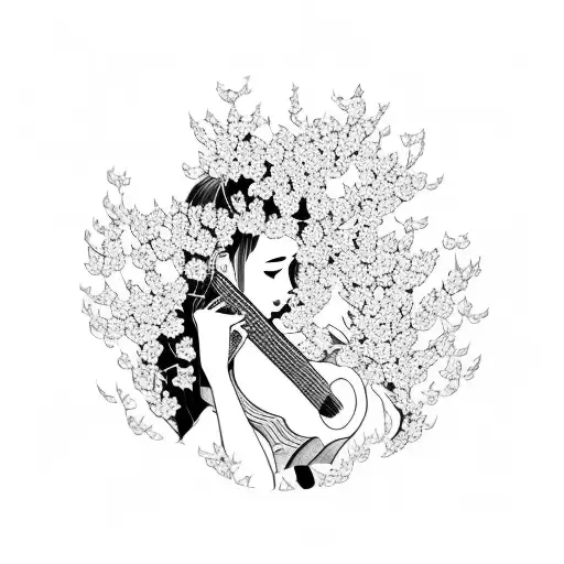 A Girl With A Septum Piercing Playing A Guitar Amidst Blooming Cherry Blossoms