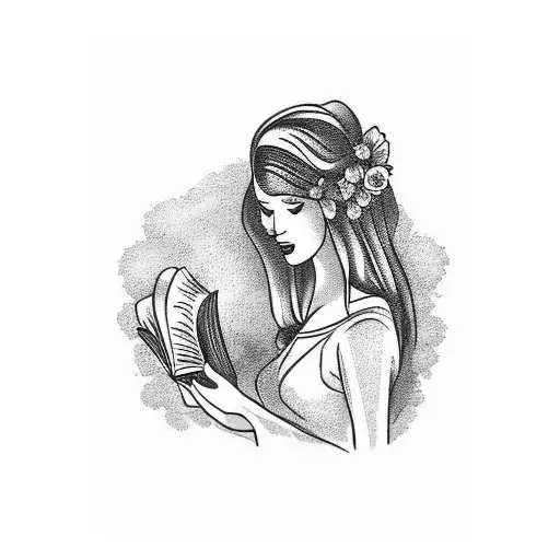 American Traditional Floral Lady Side Face Profile Holding A Book Open In Front Of Her