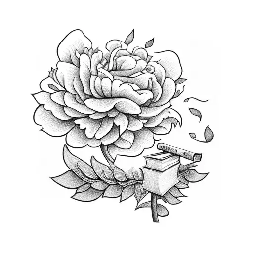 American Traditional Floral Lady Holding A Book Open In Front Of Her With Peonies And Roses