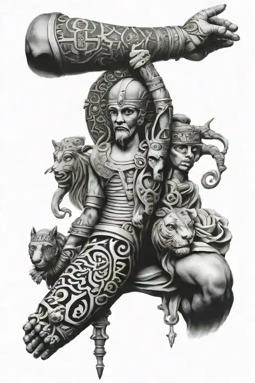 Tattoo Sleeve Featuring An Evolution Of Relgion From Egyptian To Greek To Catholic