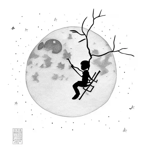 A Little Boy Swinging On A Weeping Willow Tree Under A Full Moon