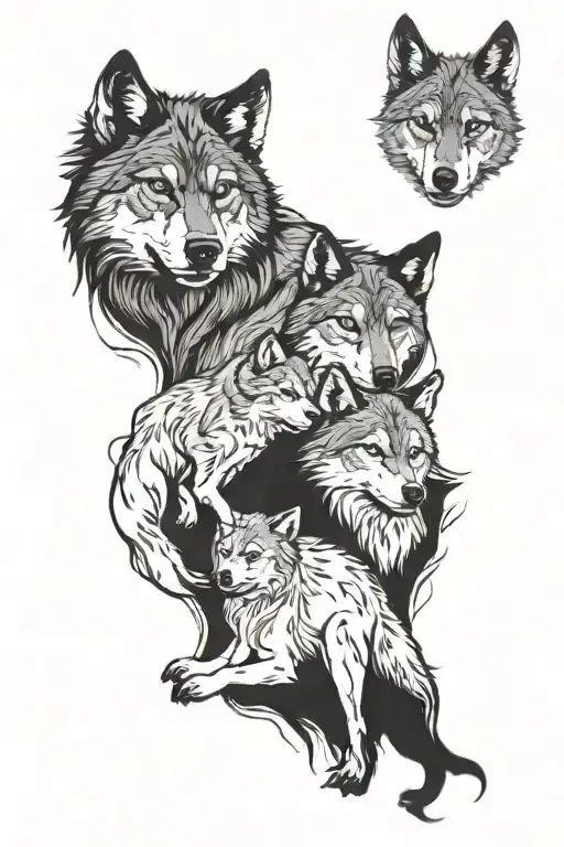 Wounded Wolf Protects She-wolf And Wolf Cubs