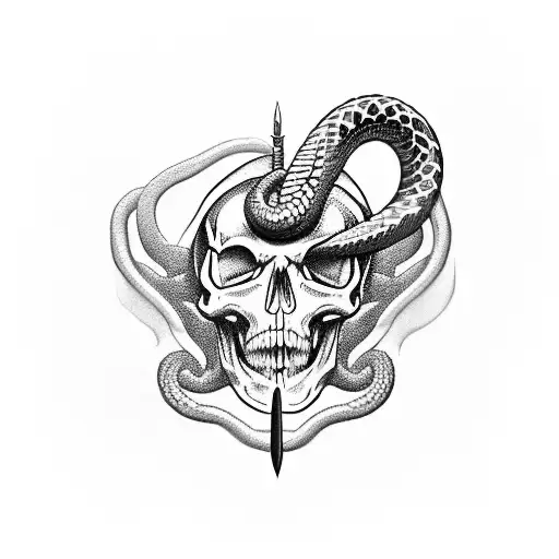 A Snake Coiled Around A Skull With A Dagger Piercing Through It