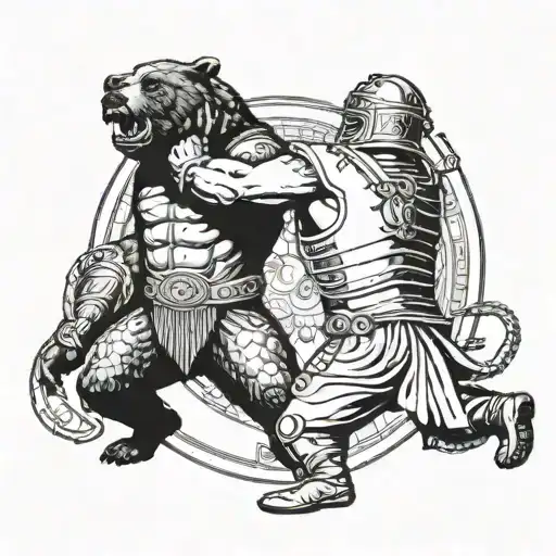 Roman Gladiator Fighting A Bear In A Colosseum
