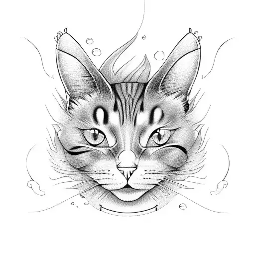 Cartoon Style Cat And Fish Bones