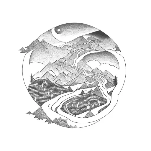 A Scenic Landscape Tattoo Featuring A Winding Road Through Majestic Mountains And A Vibrant Sunset