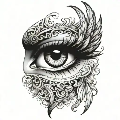 Combine Angel Wings With Intricate Eye Designs In A Blackwork Style