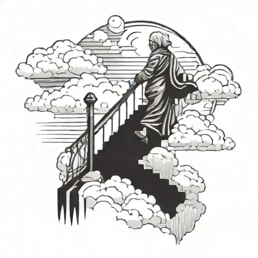 Old Woman Walking Up Stairs To Heaven With Clouds