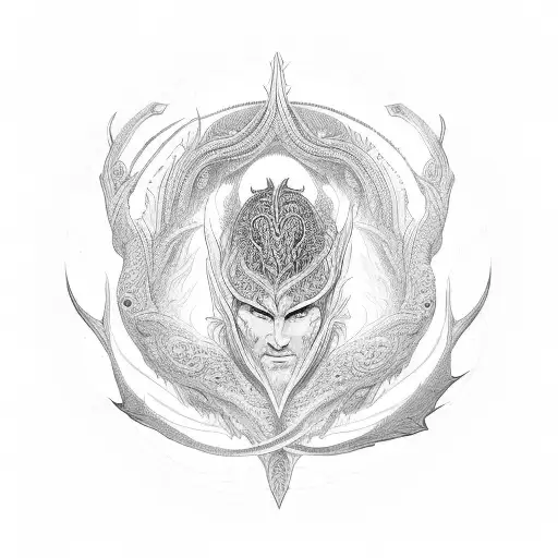 Long Tibal Elven Ornament In The Form Of Ouroboros In Blackwork Style With Lettering