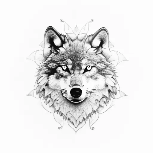 A Portrait Wolf Face Surrounded By Flowers