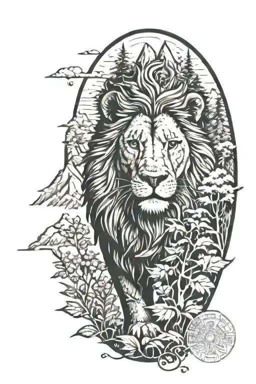 Lion Surrounded By Nature Mountain Trees