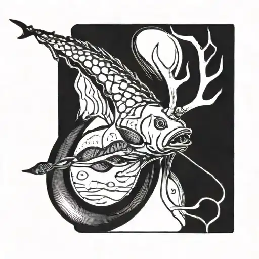 A Fishing Rod Morphing Into Antlers With Fish Swimming Around Them