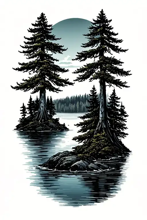 Pine Trees And River