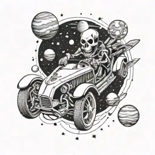 A Futuristic Design Of A Skeleton Driving A Sports Car Through A Galaxy Filled With Planets