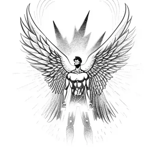 A Fallen Male Guardian Angel Standing On A Hill Overlooking The City During A Lightning Storm