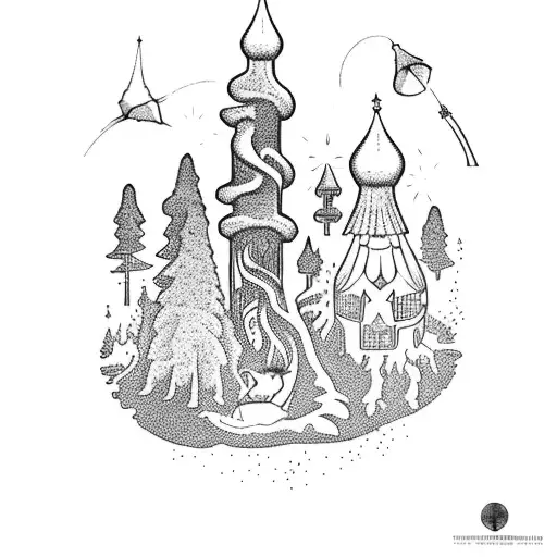 A Mystical Forest With The Iconic Russian Witch Baba Yaga Flying On Her Mortar And Pestle