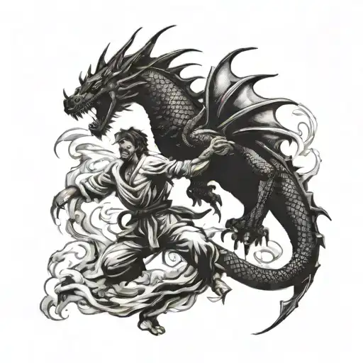 Combine A Fierce Dragon With A Karate Warrior In A Dynamic Battle Scene