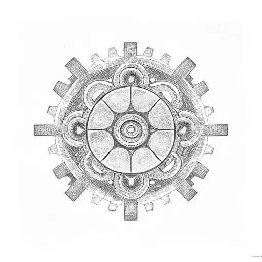 A Mechanical Gear Intertwined With Religious Symbols