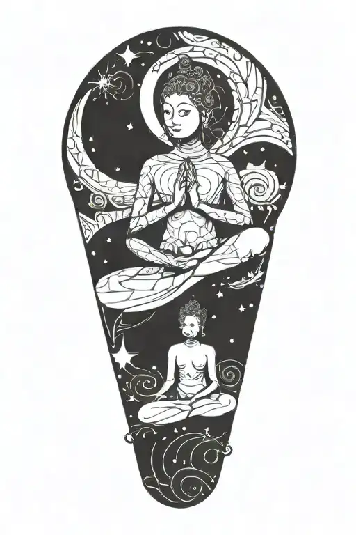 Meditation Pose Surrounded By Swirling Galaxy Patterns