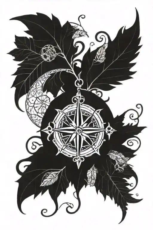 Leaf Vine Design And Angel Wing And Compass Rose Surrounded