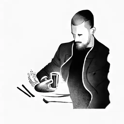 A Man Sitting At A Table With A Drink And A Gun