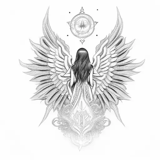 An Intricate Blackwork Design Of A Celestial Angel With Flowing Robes And Wings On Your Inner Bicep