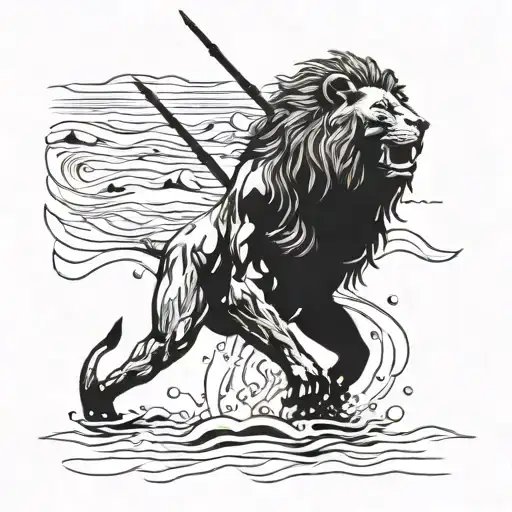 A Detailed Spearfishing Scene With A Majestic Lion Swimming Alongside The Diver