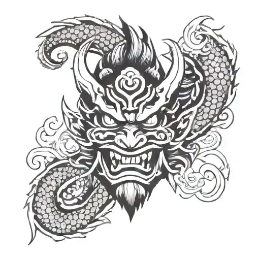 Oni Mask With Hints Of Dragon Features With Koi Fish Background