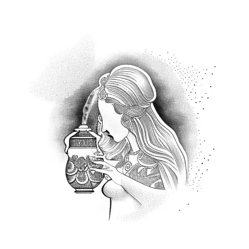 A Greek Goddess Pouring Water From An Amphora In A Dotwork Style