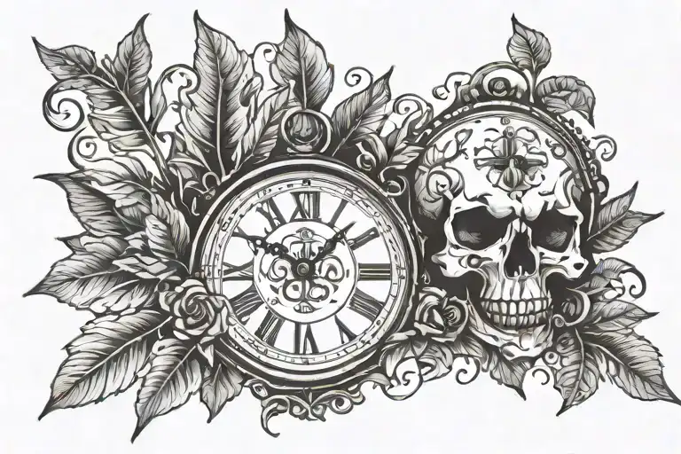 Tattoo Design About Time And Clock With Leaf And Skull