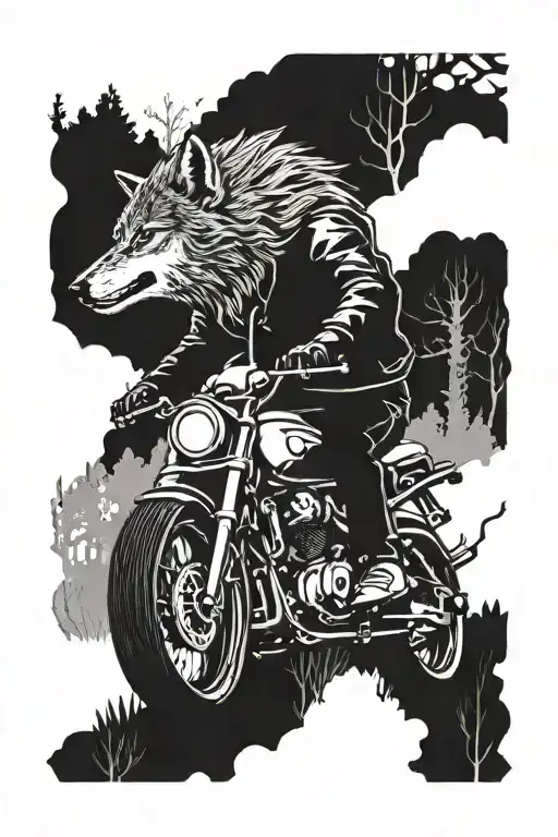 A Wolf Riding A Motorcycle Through A Forest