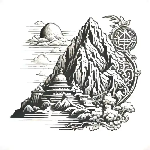 A Detailed Mountain Landscape With A Hidden Shiva Symbol Incorporated Into The Design