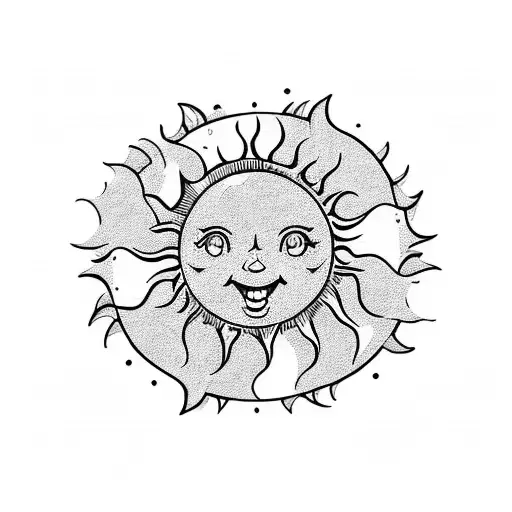 A Whimsical Blackwork Tattoo Of A Happy Sun Playing A Musical Instrument Surrounded By Nature