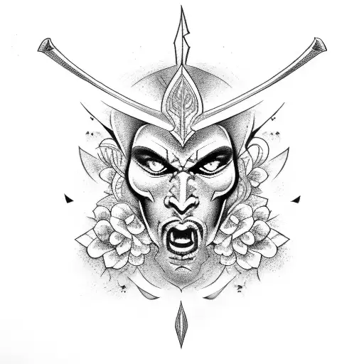 Warrior Face With Flowers And Sword