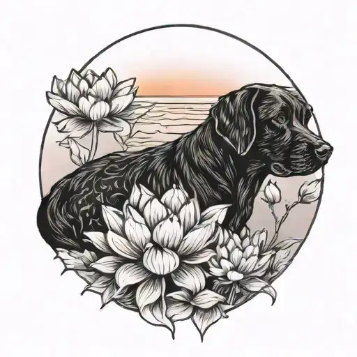 A Black Lab In The Sunrise Surrounded By Lotus Flowers