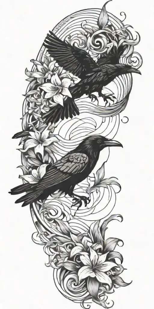 A Raven Flying And Medusa's Face Staring With Lilies Crashing Into Ocean Waves