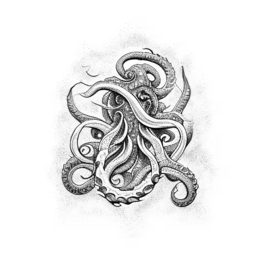 An Intricate Blackwork Tattoo Of A Majestic Kraken Emerging From Crashing Waves