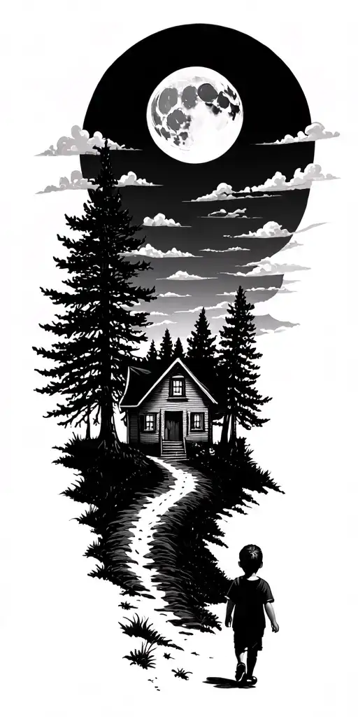 Dark Road Through The Forest Child Walking To House Moon Sky