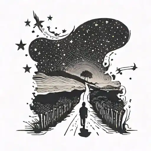 A Silhouette Of A Person Back Roading Under A Starry Sky With A Road Stretching Into The Distance