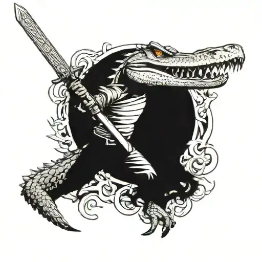 A Fantasy-themed Tattoo Of A Crocodile Warrior Wielding A Gaming Sword