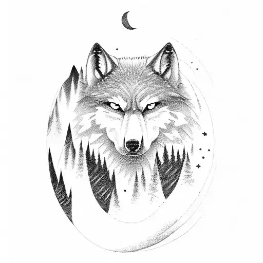 Moonlit Mountain Landscape With A Howling Wolf