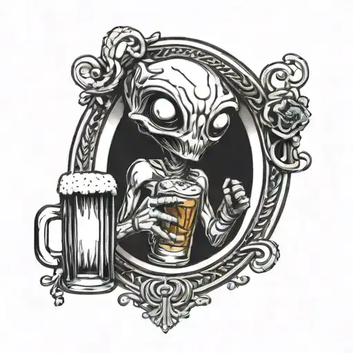 Cute Alien Peeking Through Circular Window Holding A Glass Of Beer In Hand