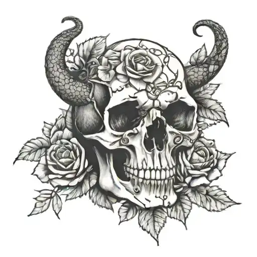 An Animal Skull Surrounded By A Wreath Of Flowers And Snakes