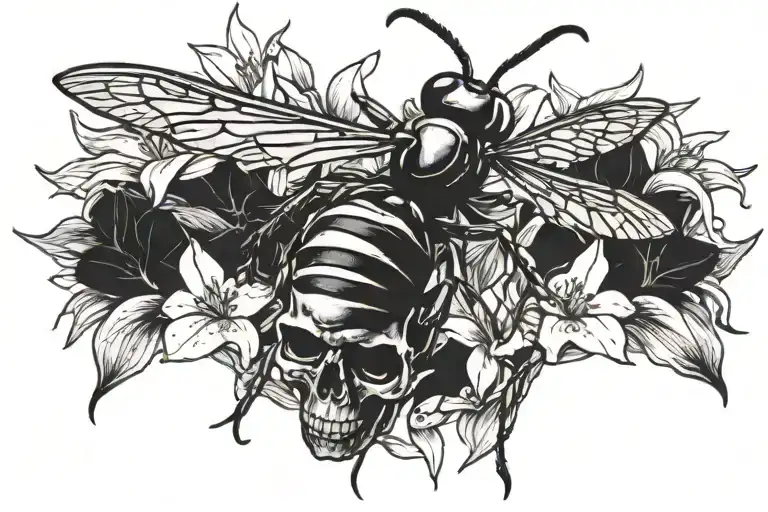 Wasp With A Skull Surounded By A Bed Of Lilys