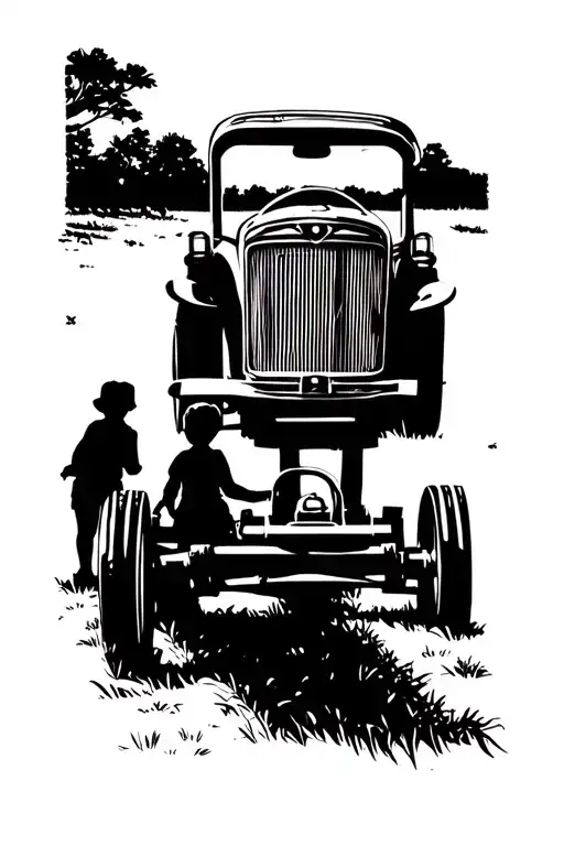 Farm Scene With Antique Tractor And Kids Silhouette