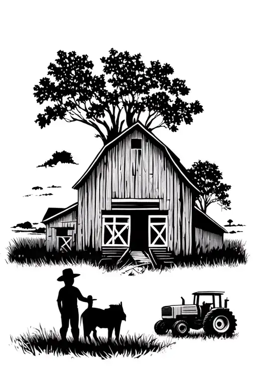 Farm Scene Boy Silhouette Barn In Background And Tractor